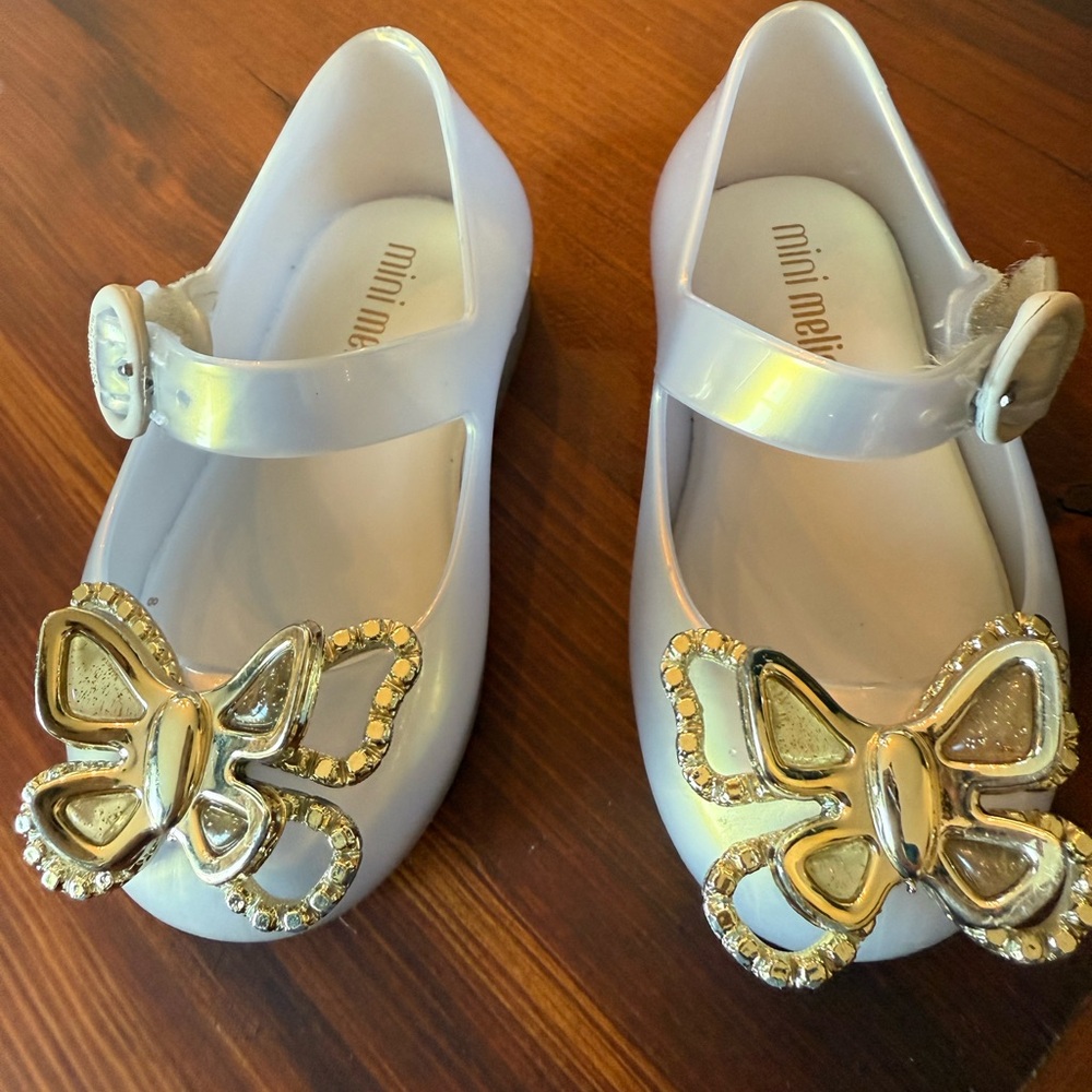 Mini Melissa White Iridescent Jelly Dress Shoes with Gold Butterfly Accent